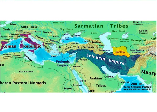 پارت منطقه زرد رنگ در کنار امپراتوری سلوکیان به رنگ آبی  در سال ۲۰۰ پیش از میلاد